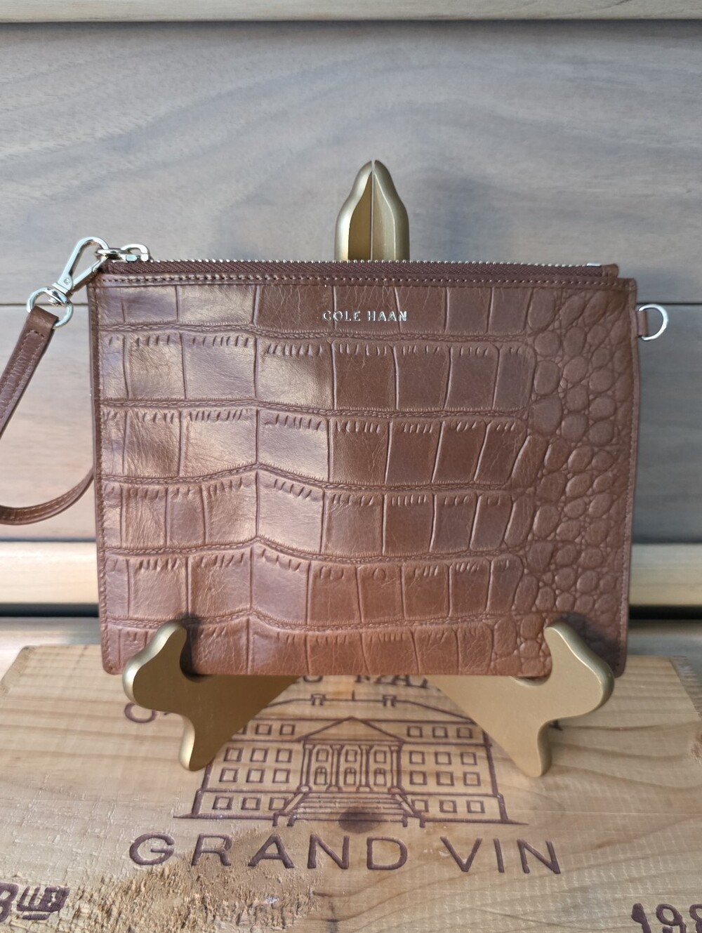 Cole Haan Brown Croc-Embossed Leather Wristlet